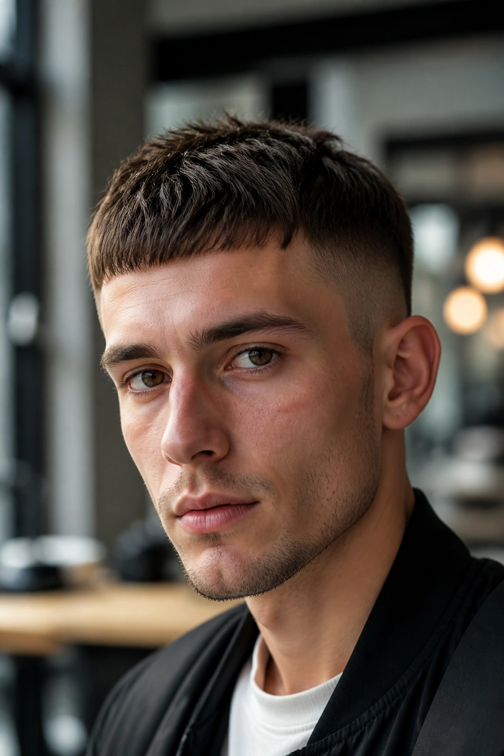 Close-up of a man with a French crop hairstyle