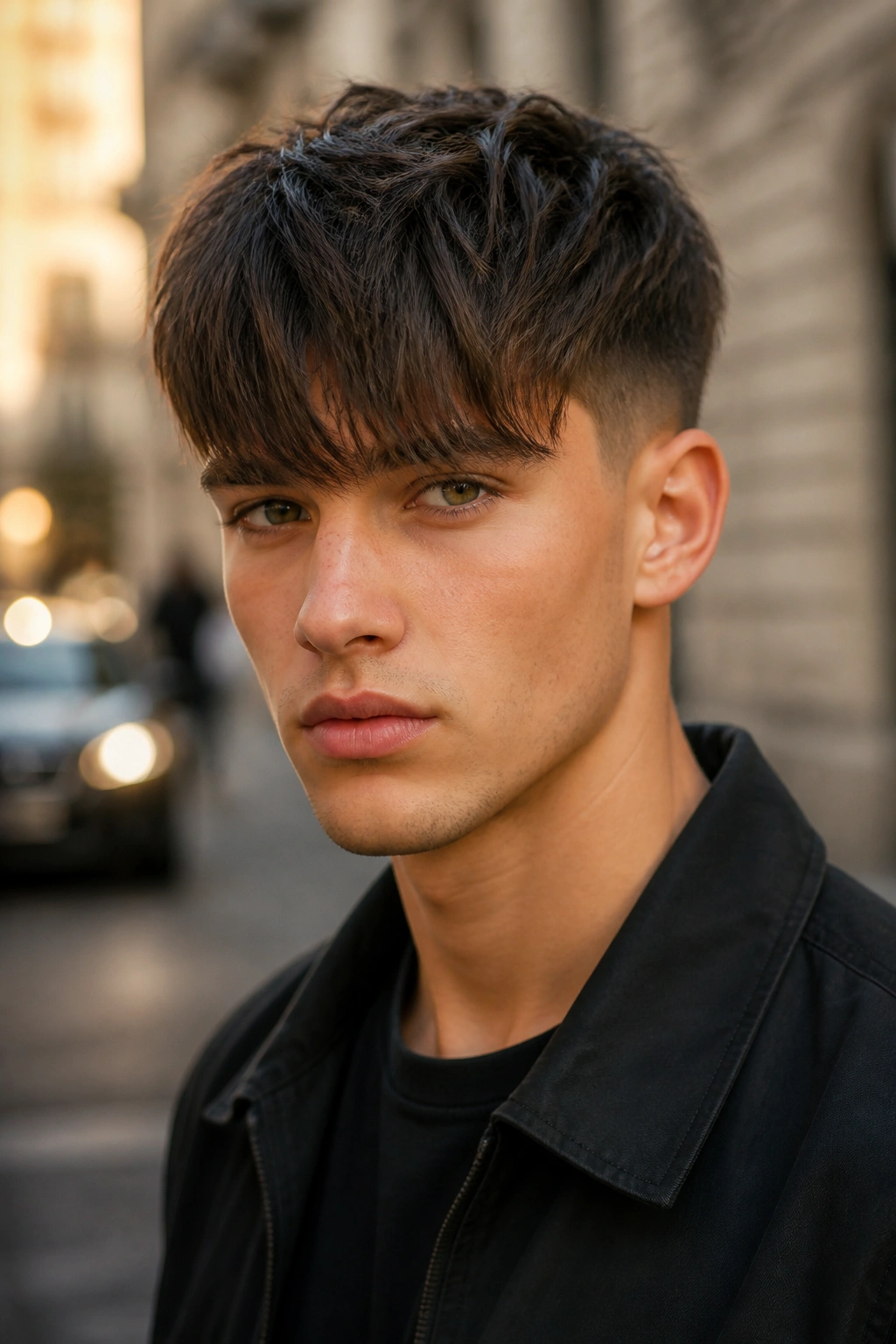 Close-up of a real person with French Crop With A Long Fringe hairstyle