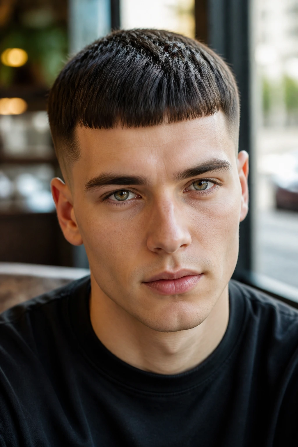 Close-up portrait of a real person with sleek French crop and narrow fringe in cafe light