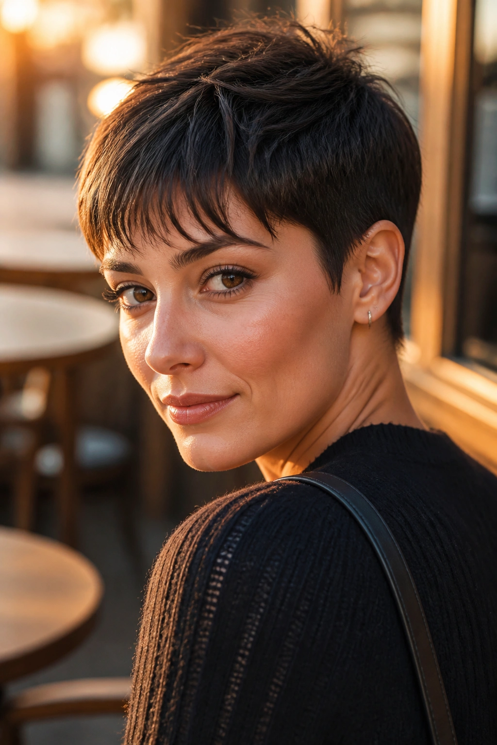 Close-up portrait of a real woman with wispy bangs in a French crop pixie