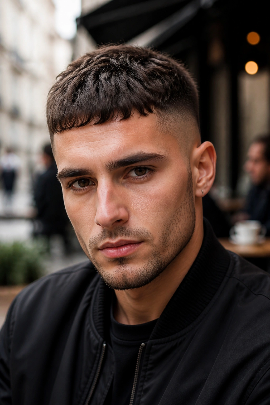 Portrait of a man with a French crop hairstyle outdoors