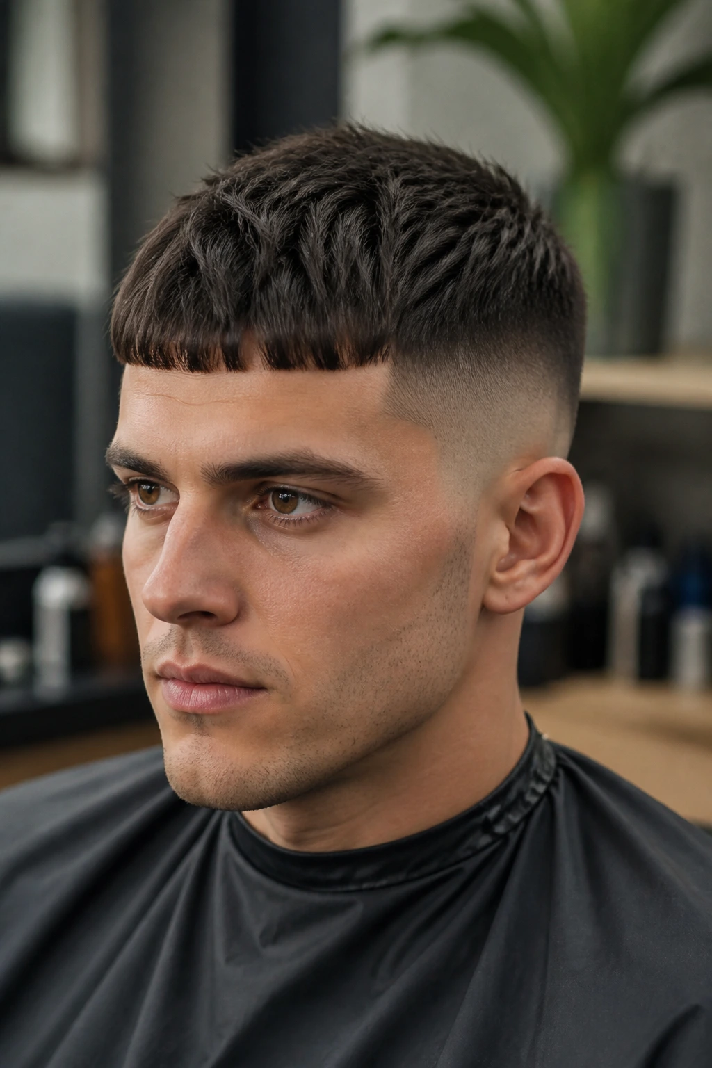 Real man with a blunt short fringe French crop
