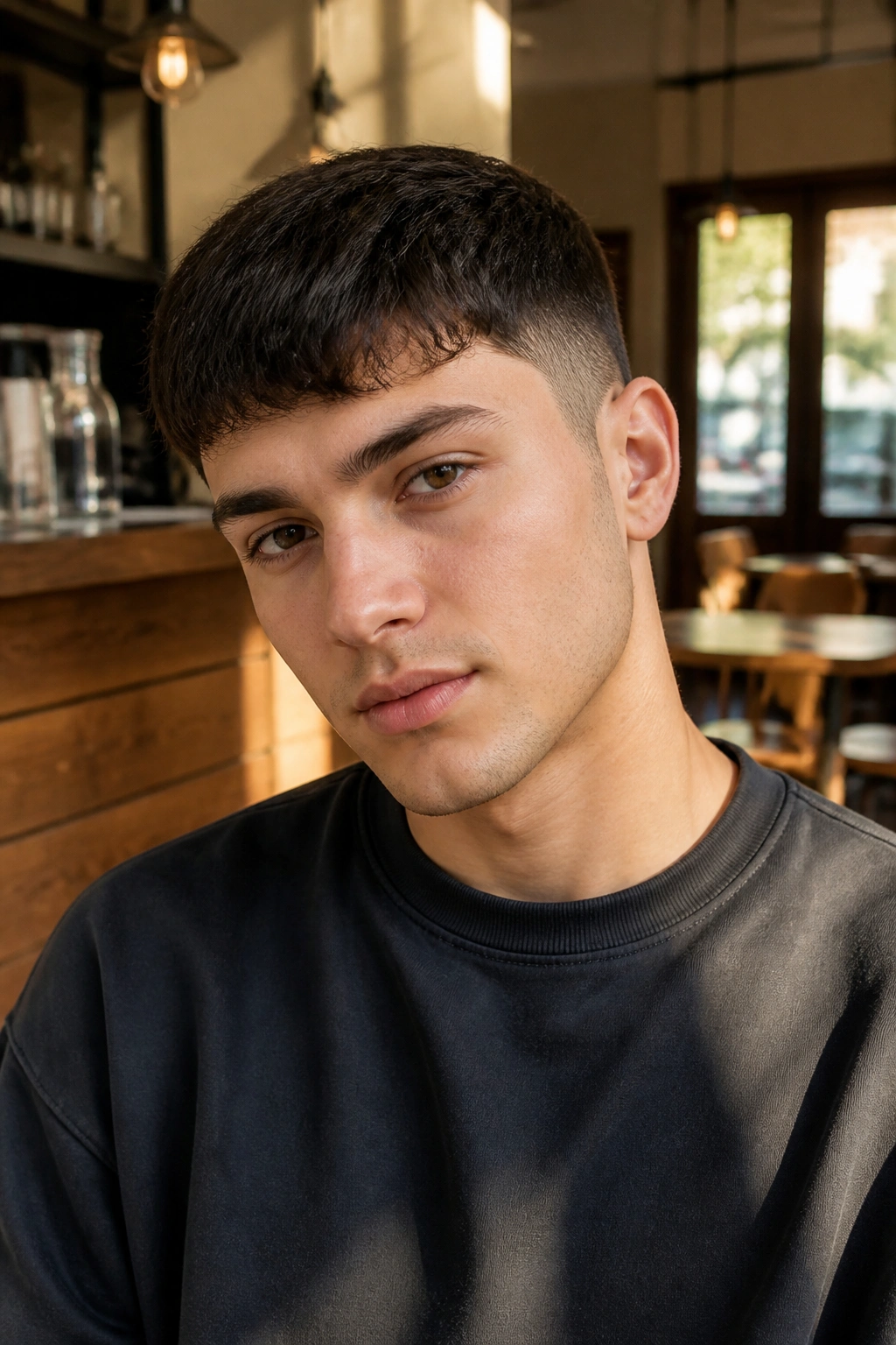 Real person with French crop and soft fringe; close-up.