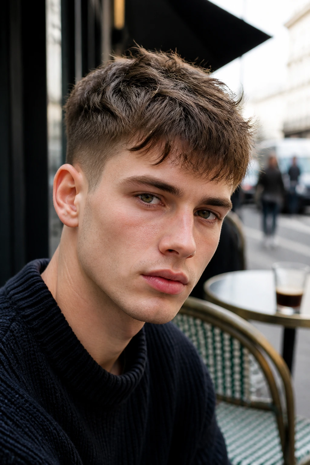 Close-up of a real person with a tousled French crop hairstyle.