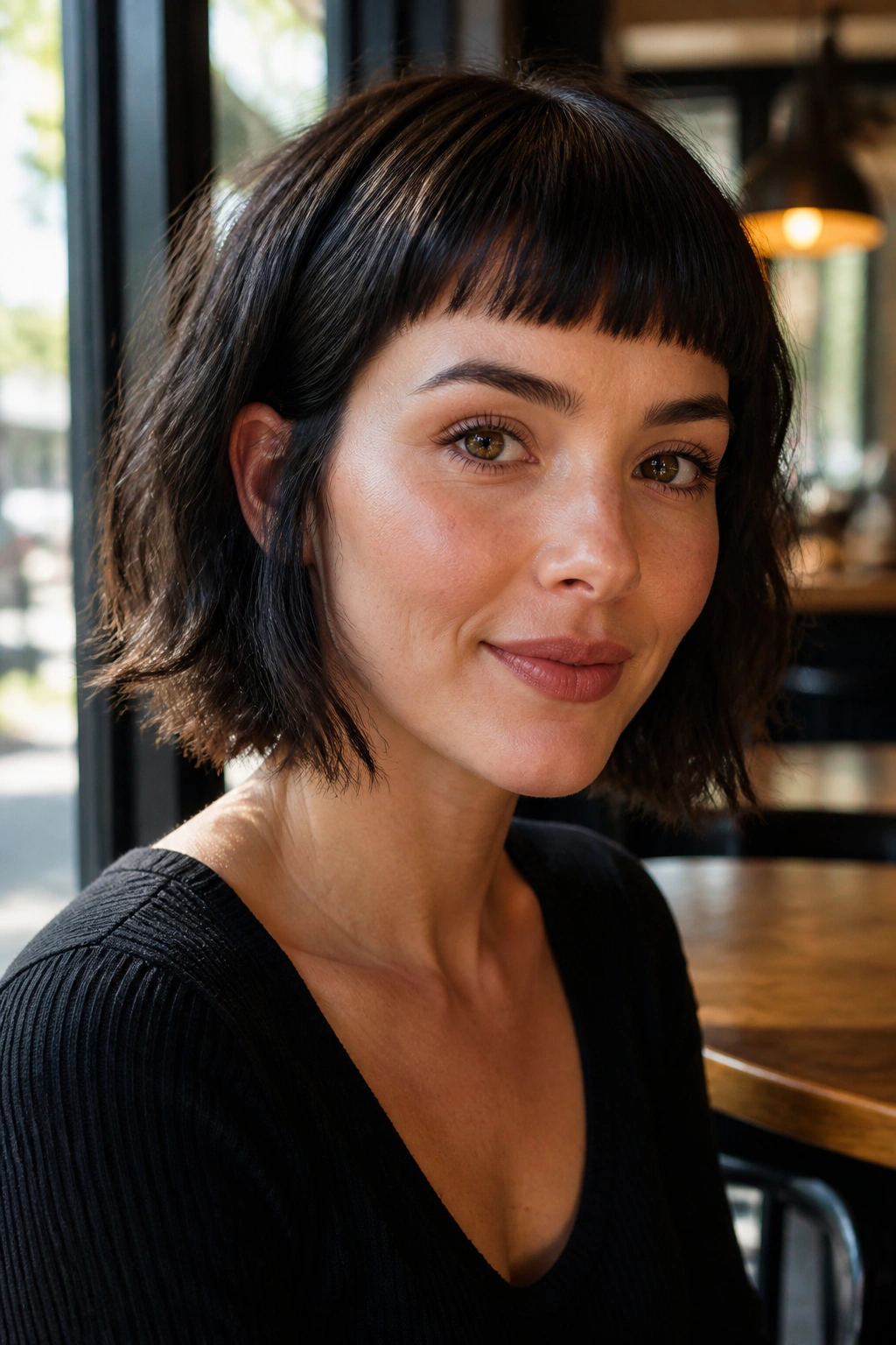 Portrait of a woman with a clean-edged French-inspired short fringe in cafe light
