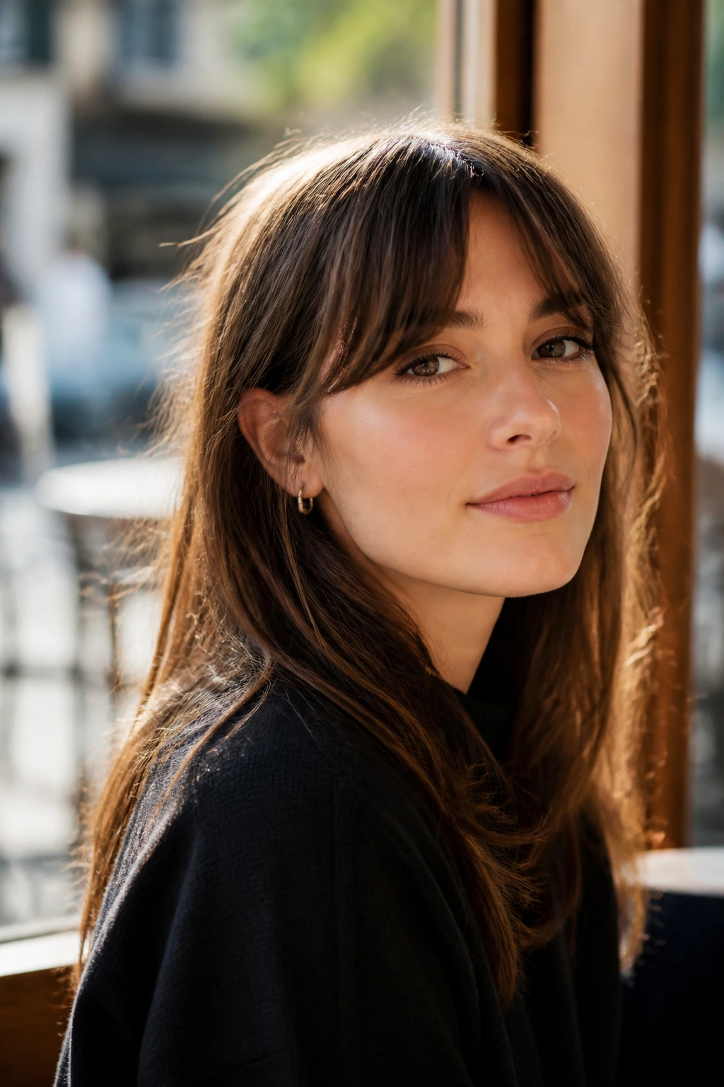 Close-up of a real woman with relaxed curved French-girl bangs near temples