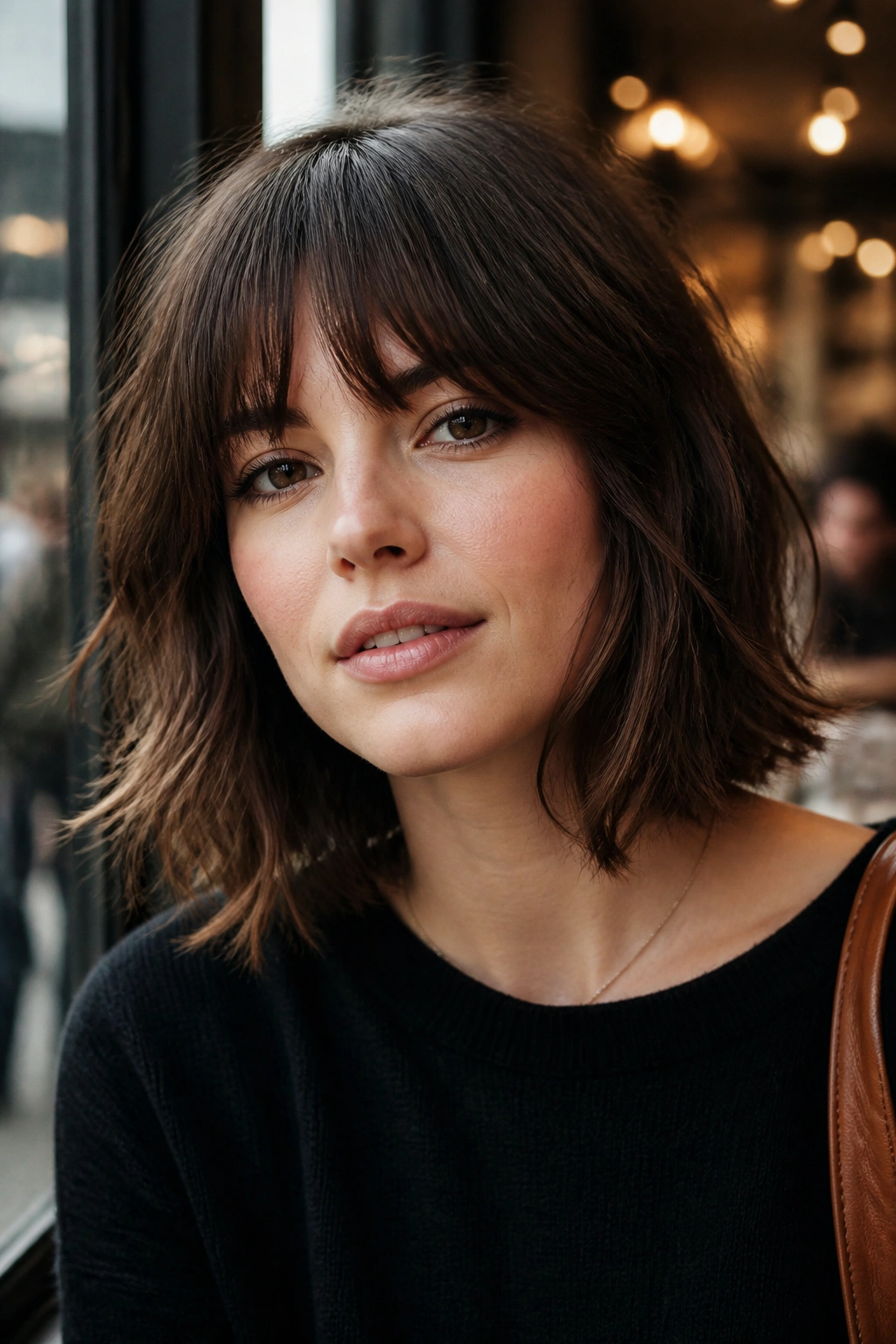 Close-up of a real woman with French-girl bangs and tousled lob