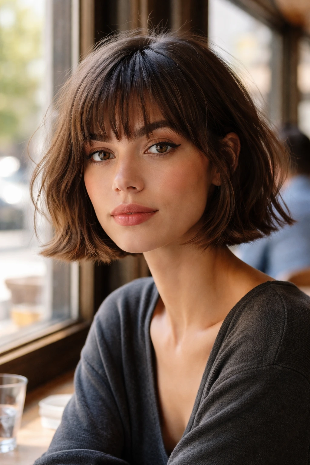 Real woman with French-girl bob and fringe in café light