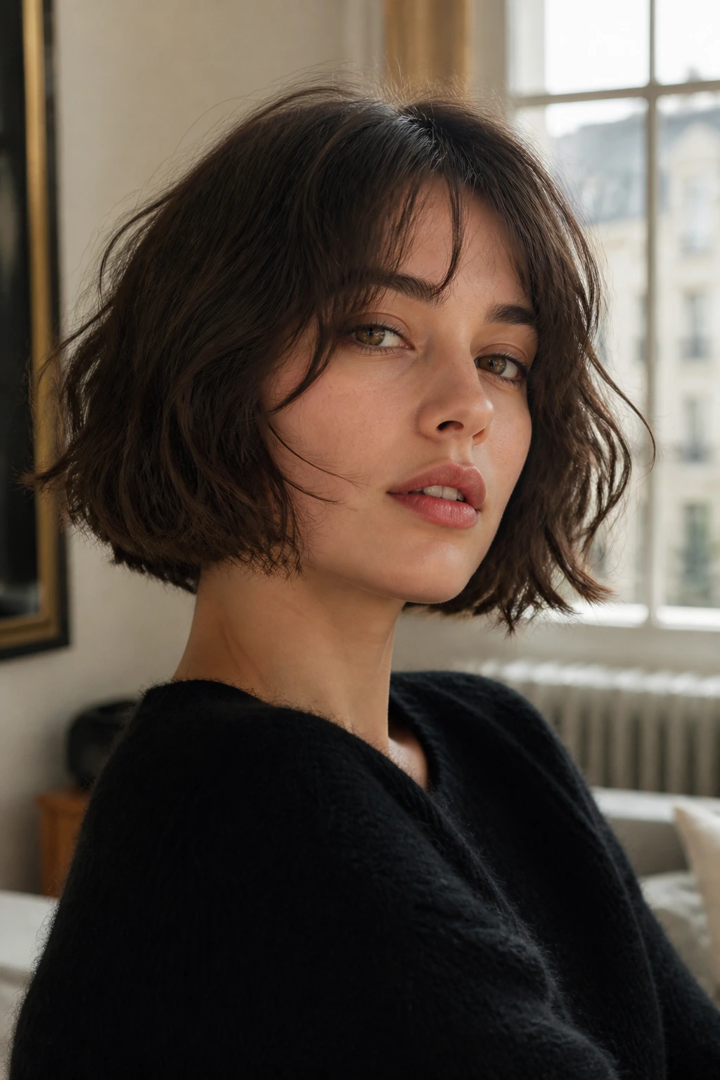 Close-up portrait of a woman with a French Girl Bob hairstyle