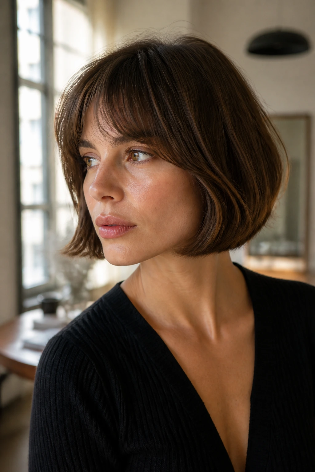 Real woman with chin-length French-girl bob and soft bend.