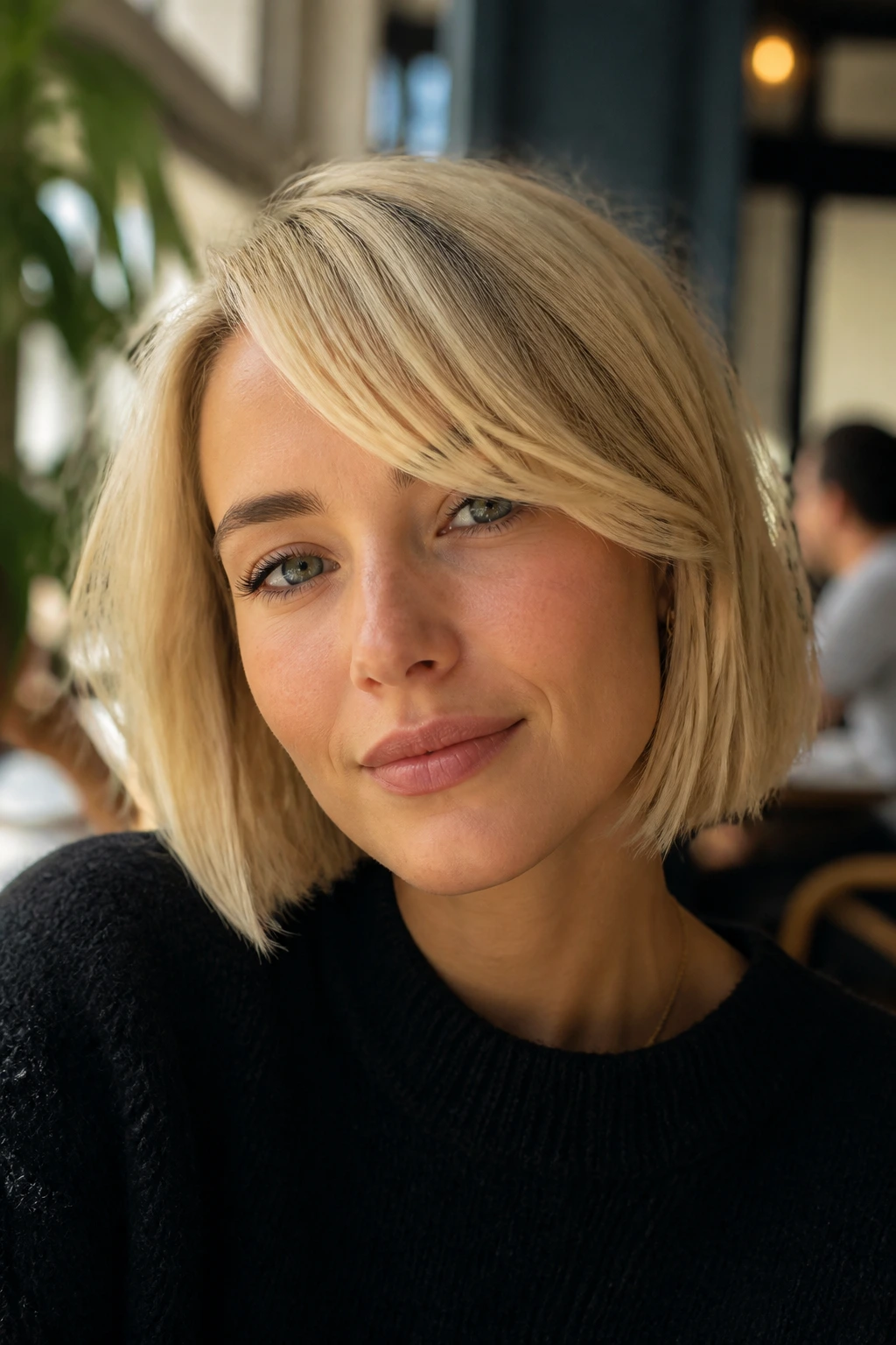 Close-up of a woman with French-girl chin-length bob and sideswept fringe
