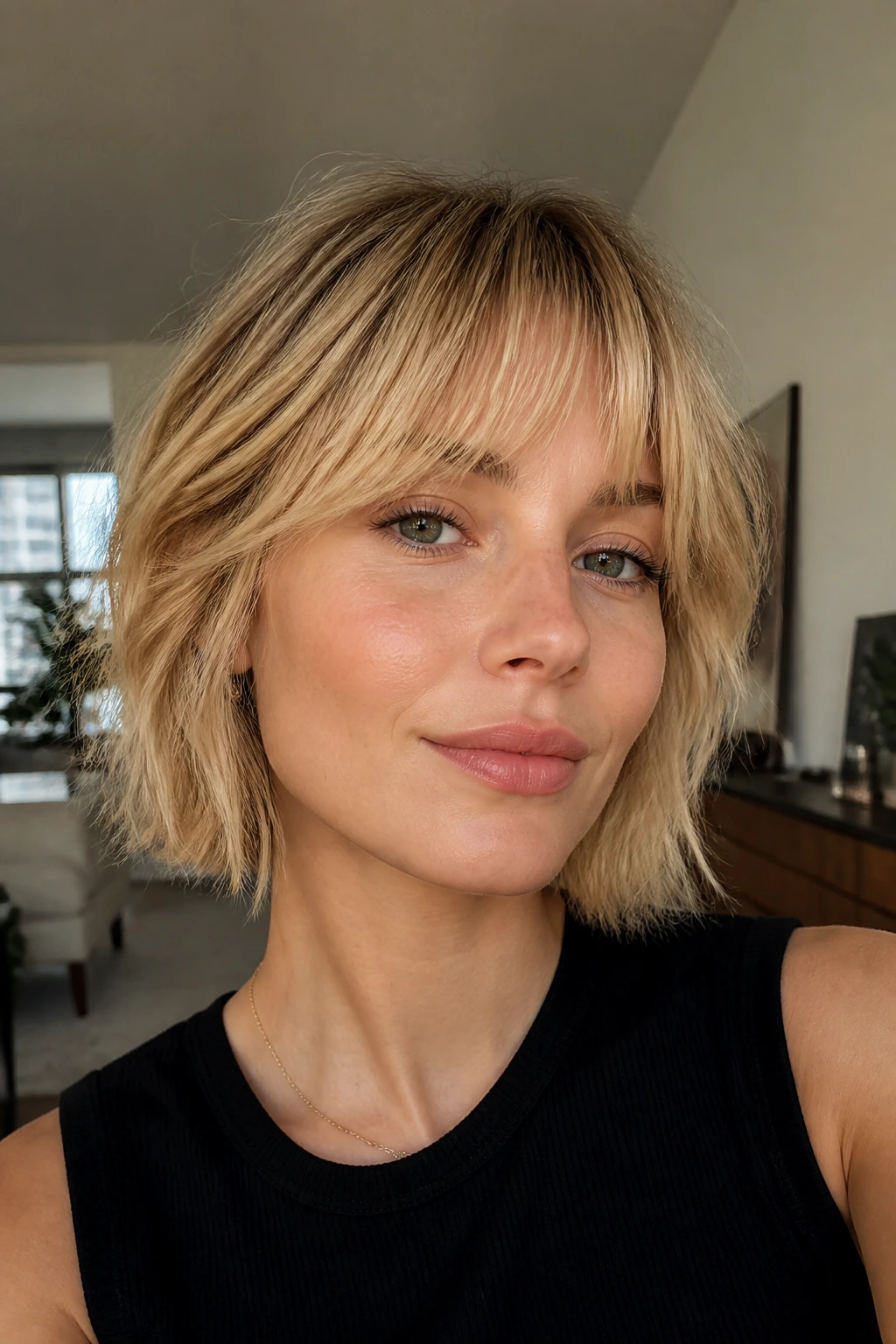 Close-up portrait of a real woman with butter blonde French-girl textured fringe