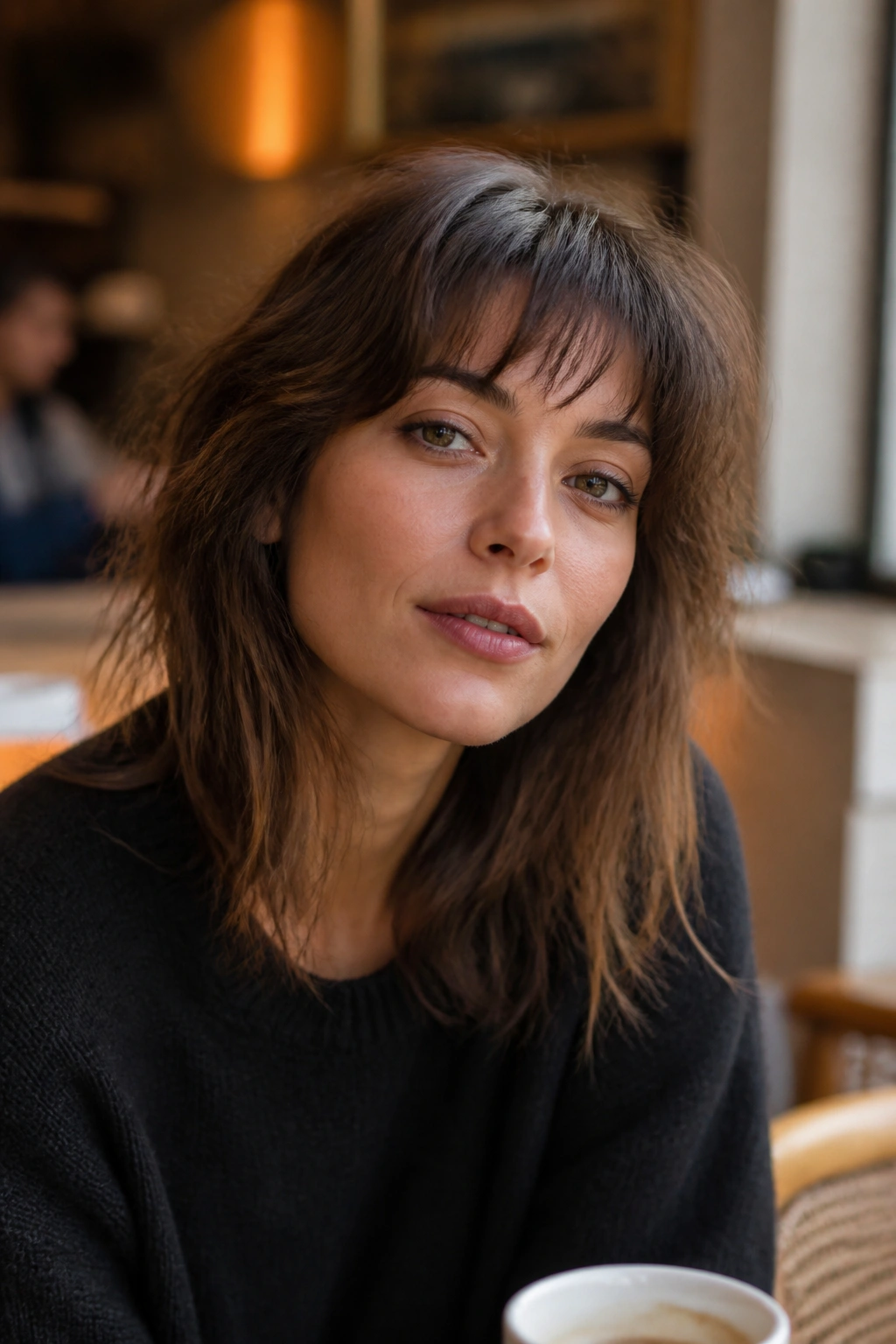 Real woman with uneven-textured French-girl fringe in a casual cafe setting.