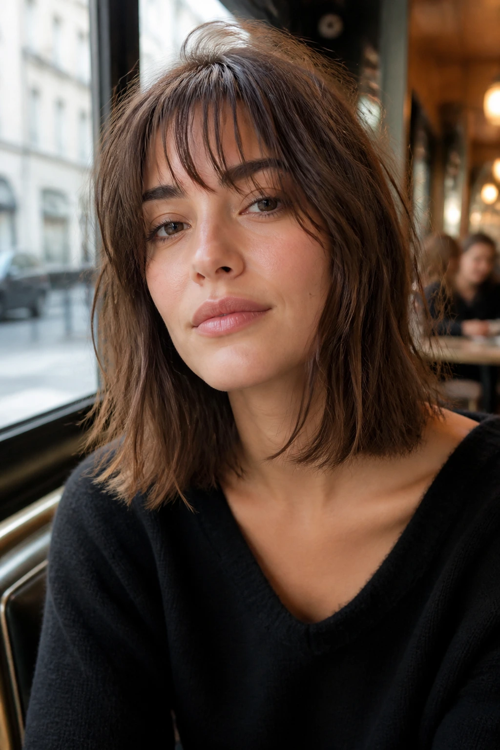Close-up portrait of a real woman with a French-girl lob and airy fringe