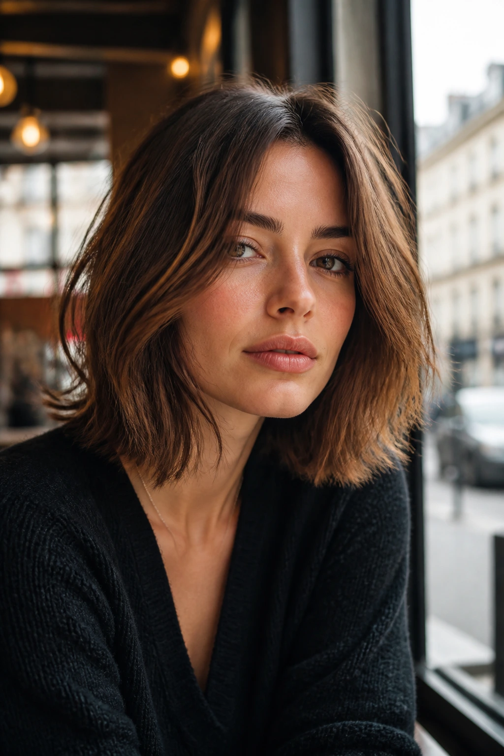 Real woman with French-girl lob, undone edge and relaxed bend in a close-up portrait.