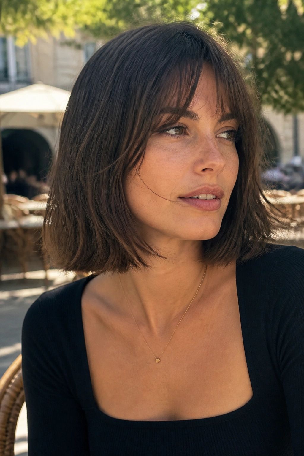 Close-up portrait of a real woman with a French-girl lob in outdoor light