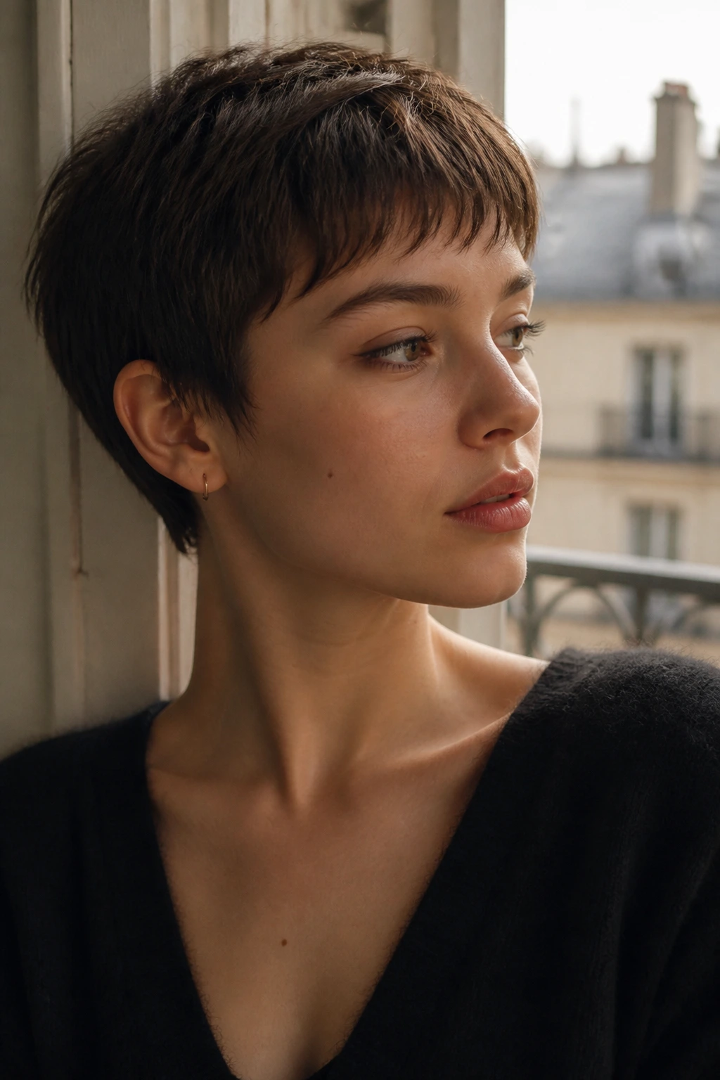 Close-up of a woman with a French Girl pixie hairstyle in Parisian window light