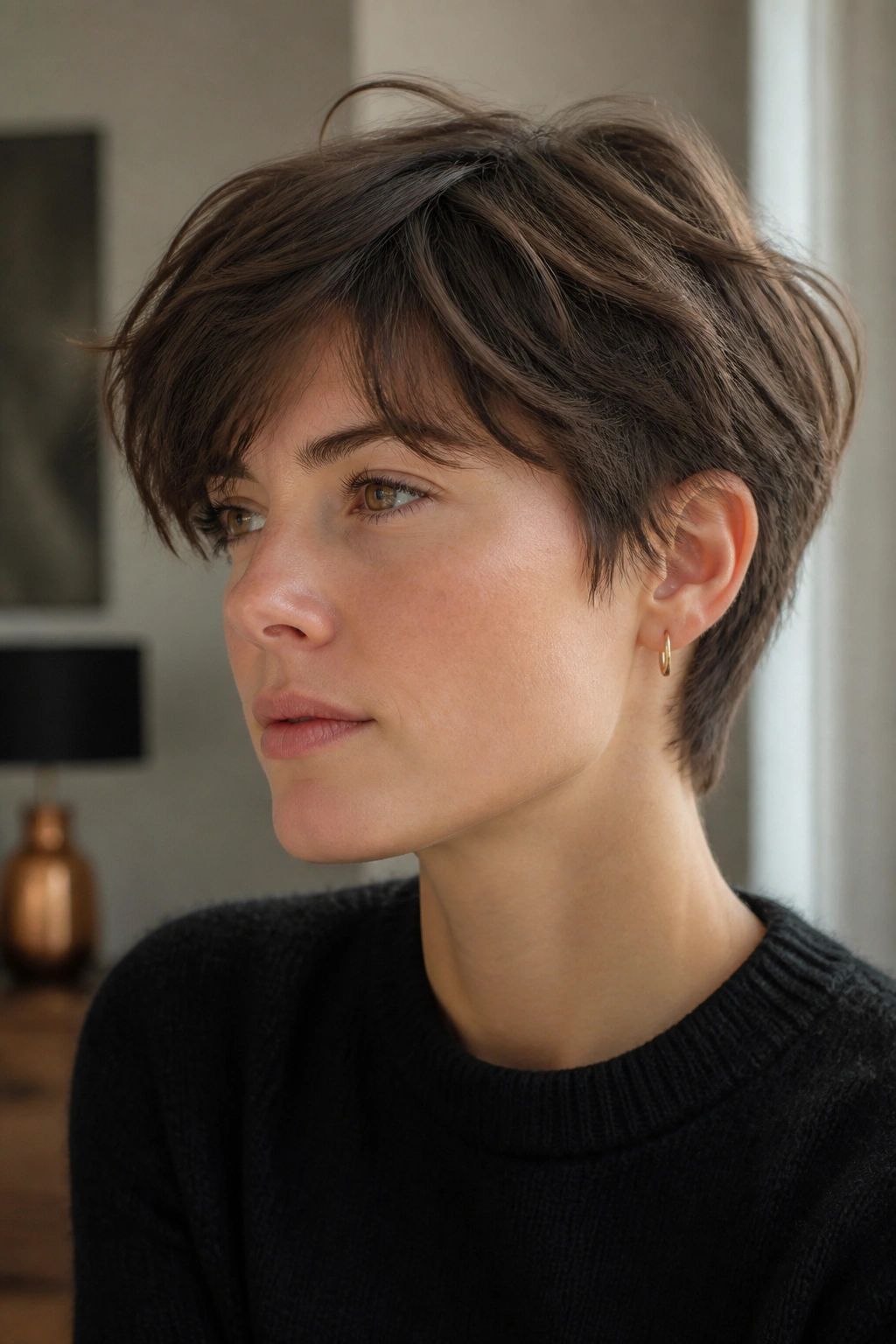 Close-up portrait of a real woman with French-Girl Long Pixie hairstyle.