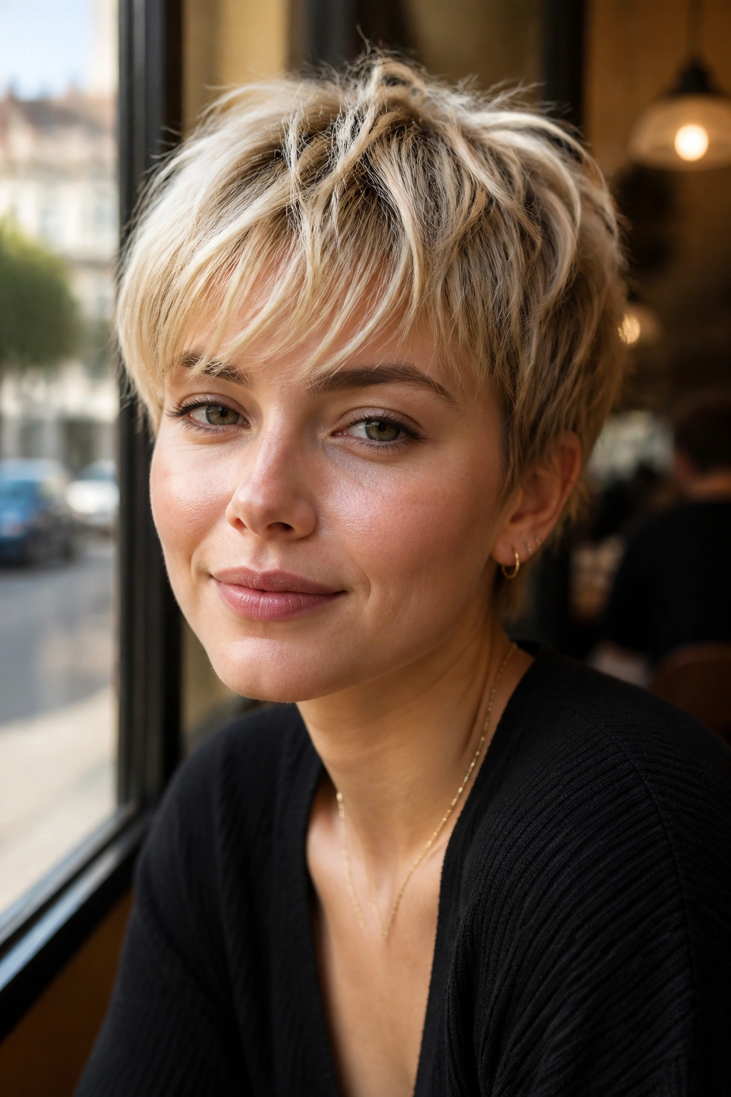 Portrait of real woman with French-girl pixie and soft bangs