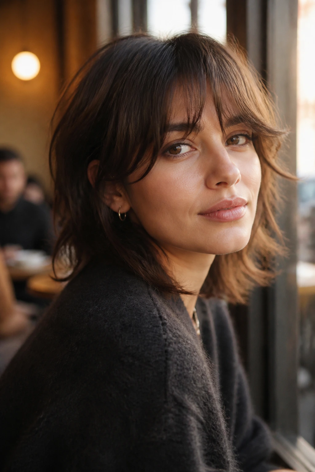 French-girl shag with airy bangs on a real brunette; close-up portrait with feathered fringe.