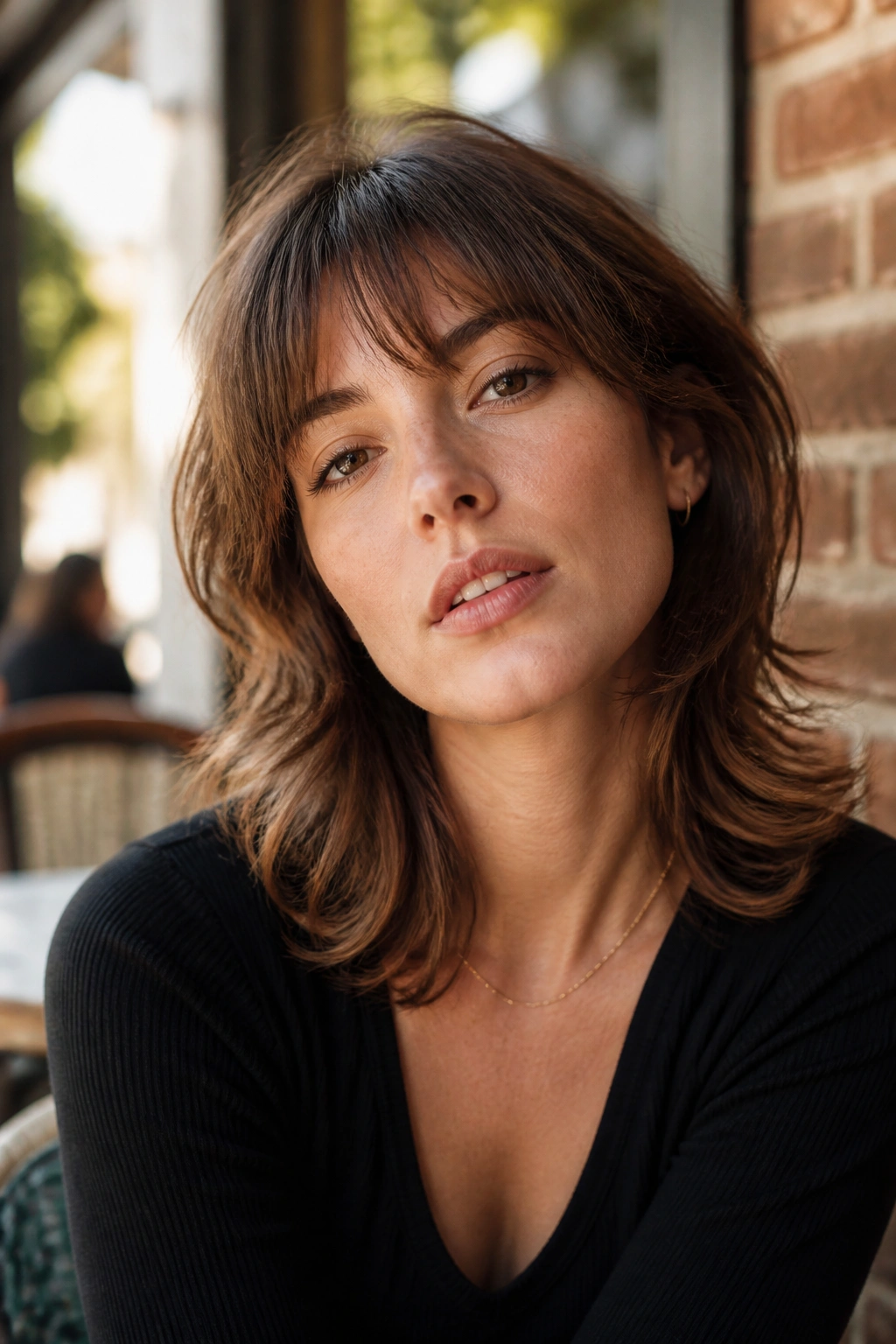 Real woman wearing a light-fringed French-girl shag outdoors.