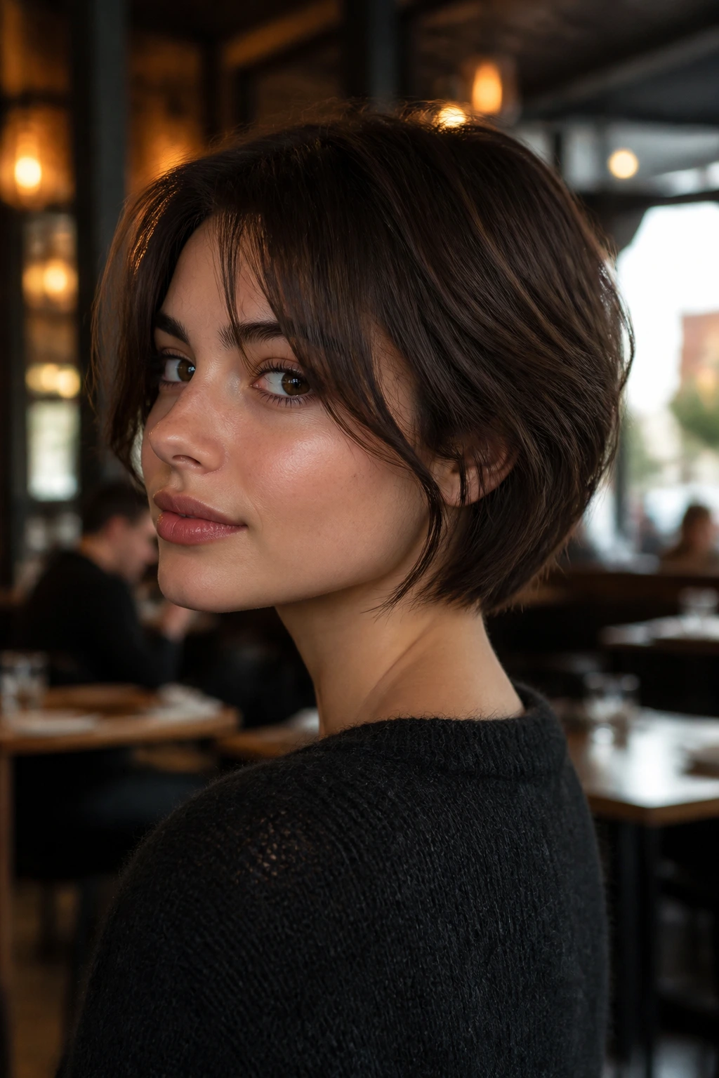 Portrait of a real woman with a soft stacked bob, restrained outline and light face-framing pieces.