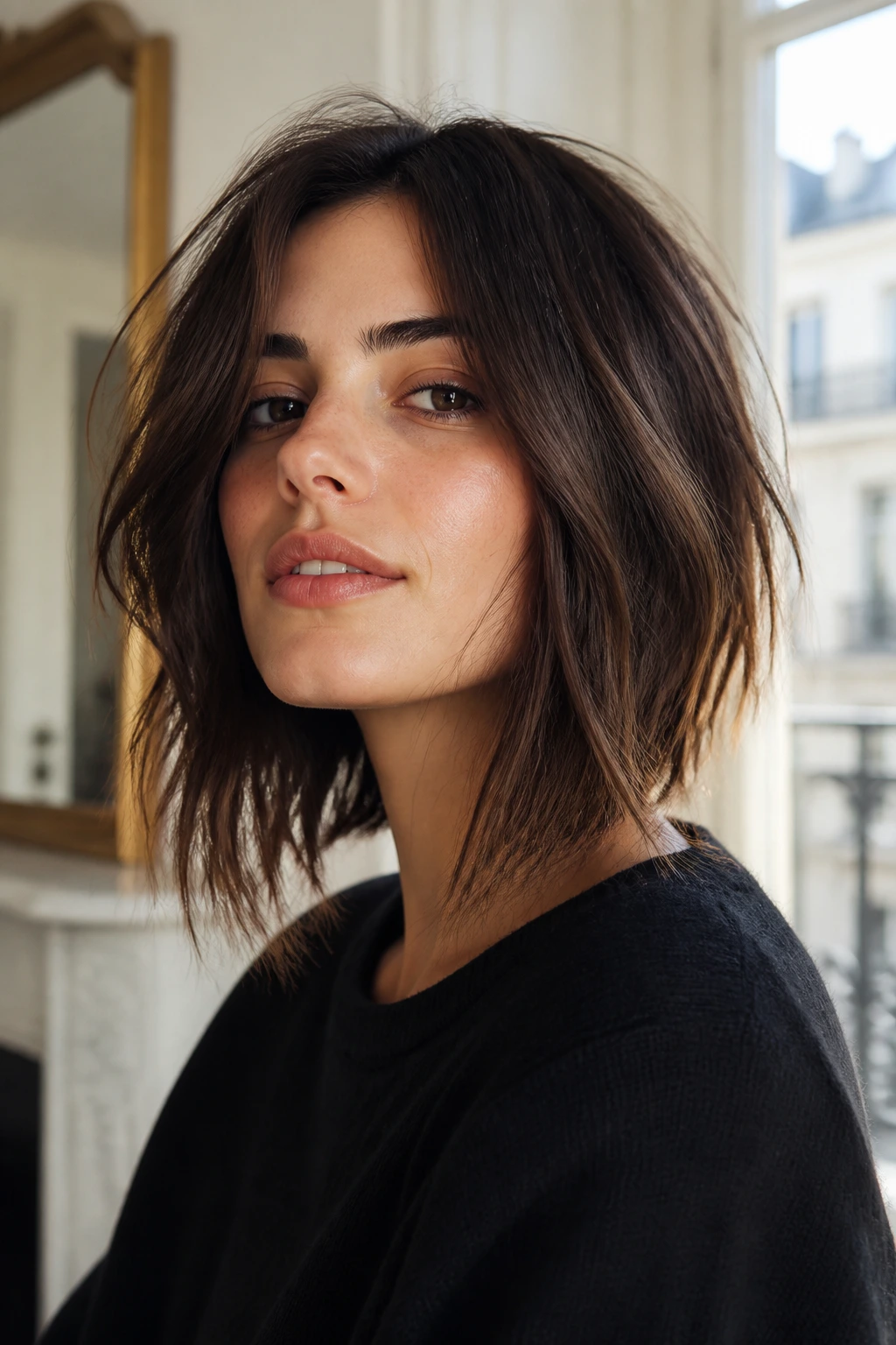 Real woman with messy textured French girl inverted bob in natural light