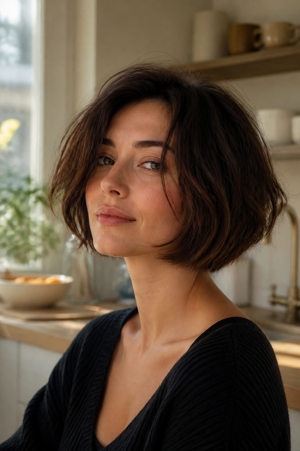 Close-up of a real woman with a French-girl undone inverted bob, relaxed texture framing the face.