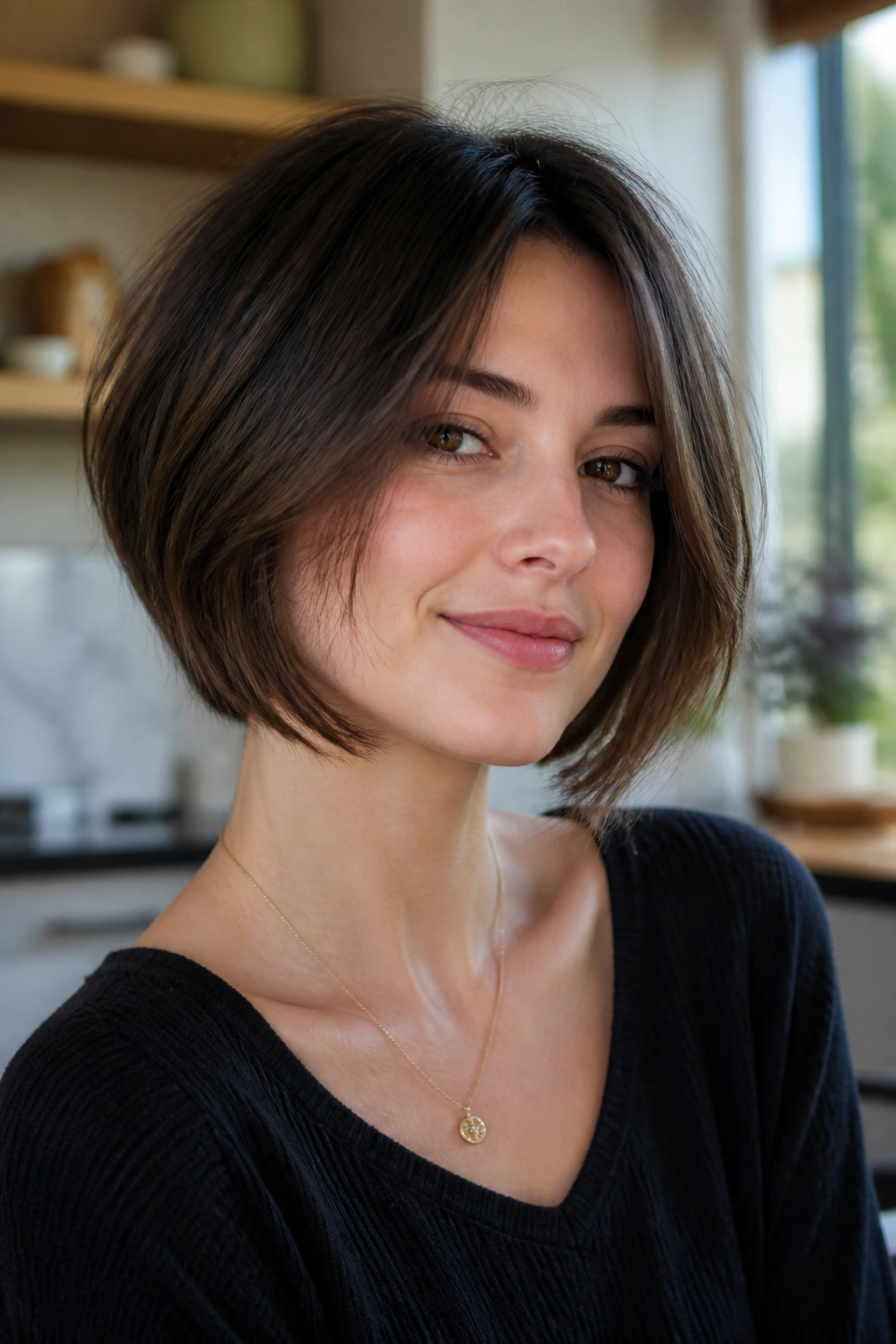 Close-up portrait of a real woman with French-inspired inverted bob and airy ends.