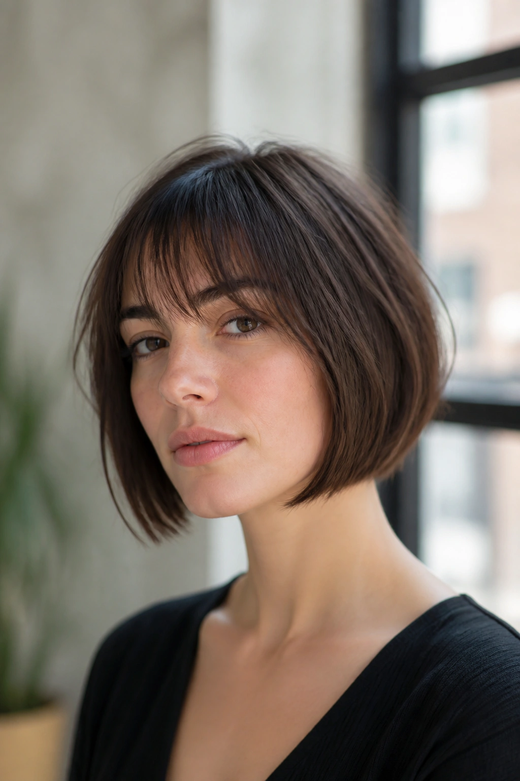 Close-up portrait of a real woman with French-Inspired Inverted Bob with Fringe in natural light.