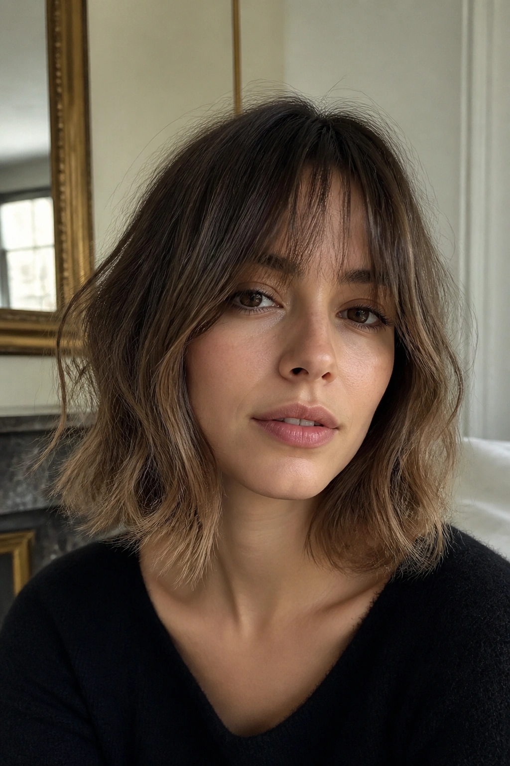 Real person with French-inspired lob and airy fringe in natural light