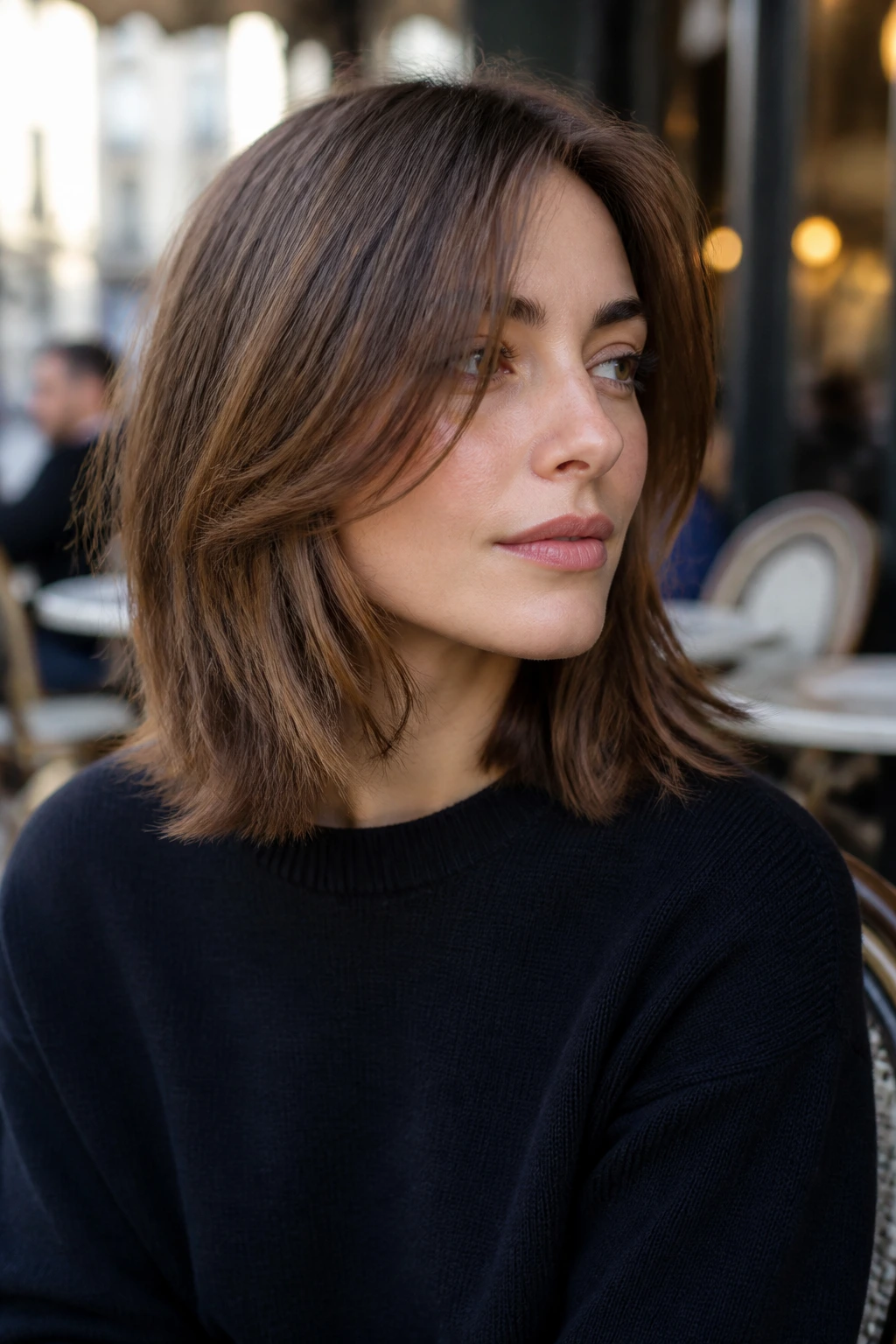 Head-and-shoulders portrait of a woman with a French-inspired lob and cheekbone layers.