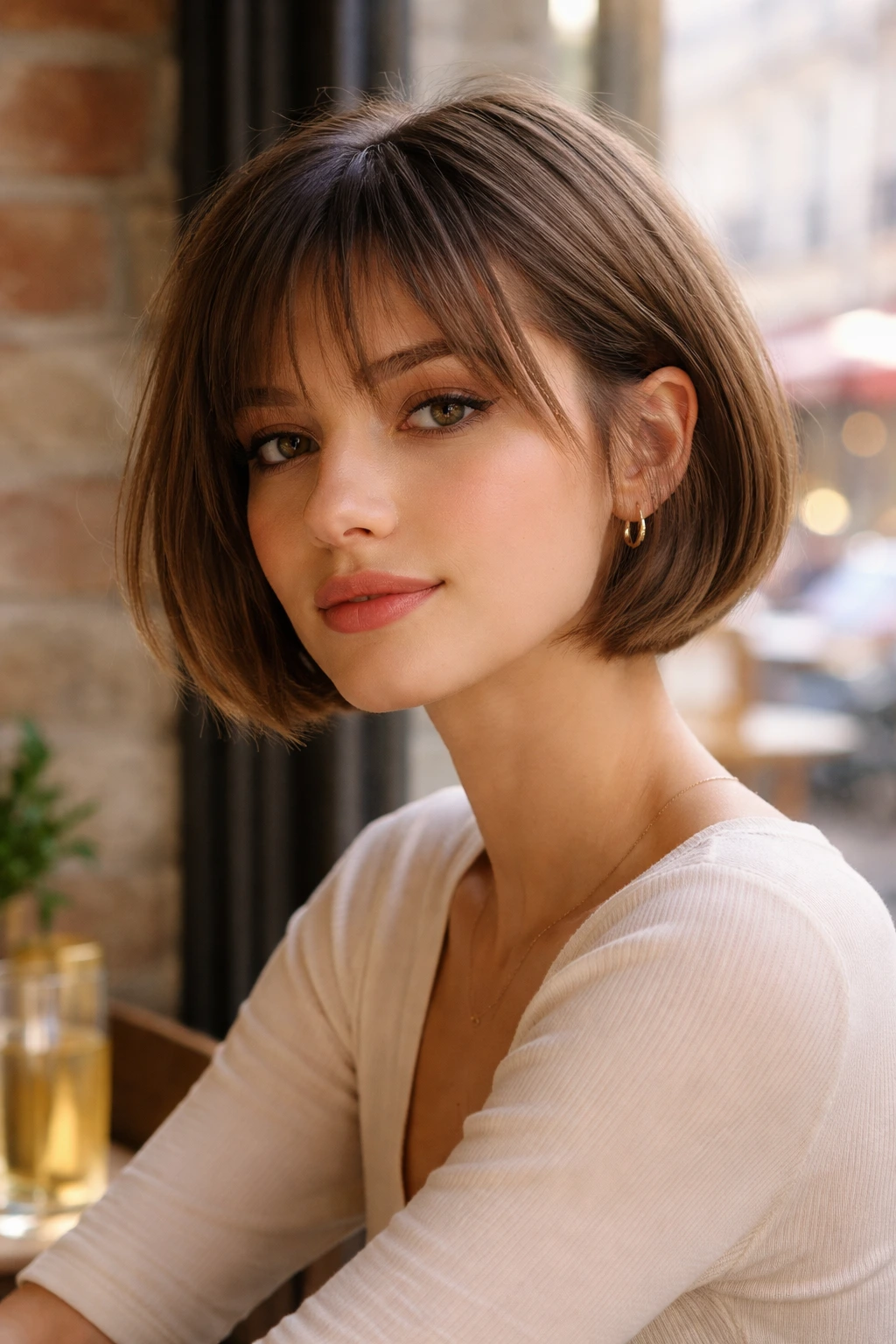 Close-up of a real woman with a French-inspired micro bob and wispy bangs