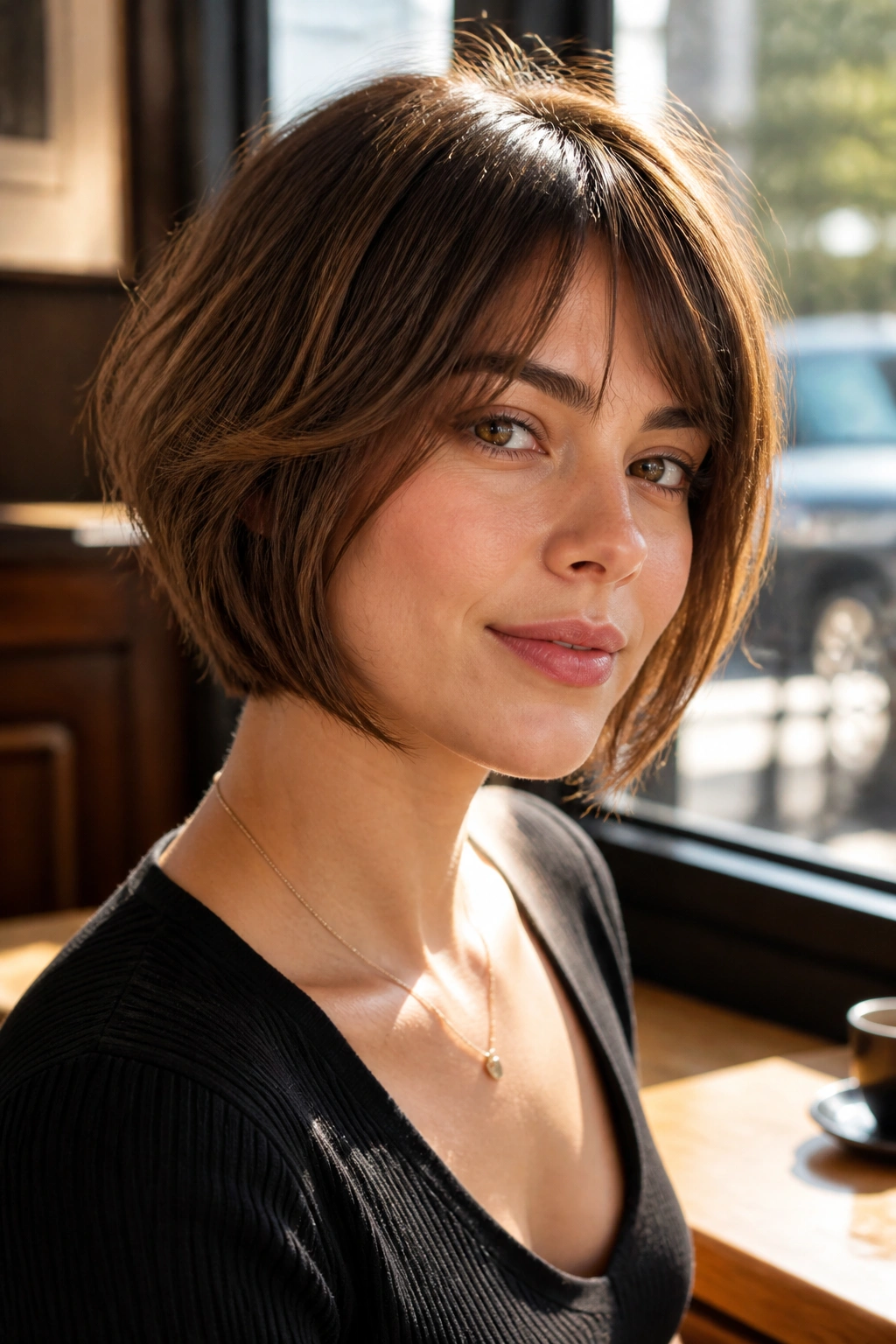 Close-up of real woman with soft French-inspired stacked bob