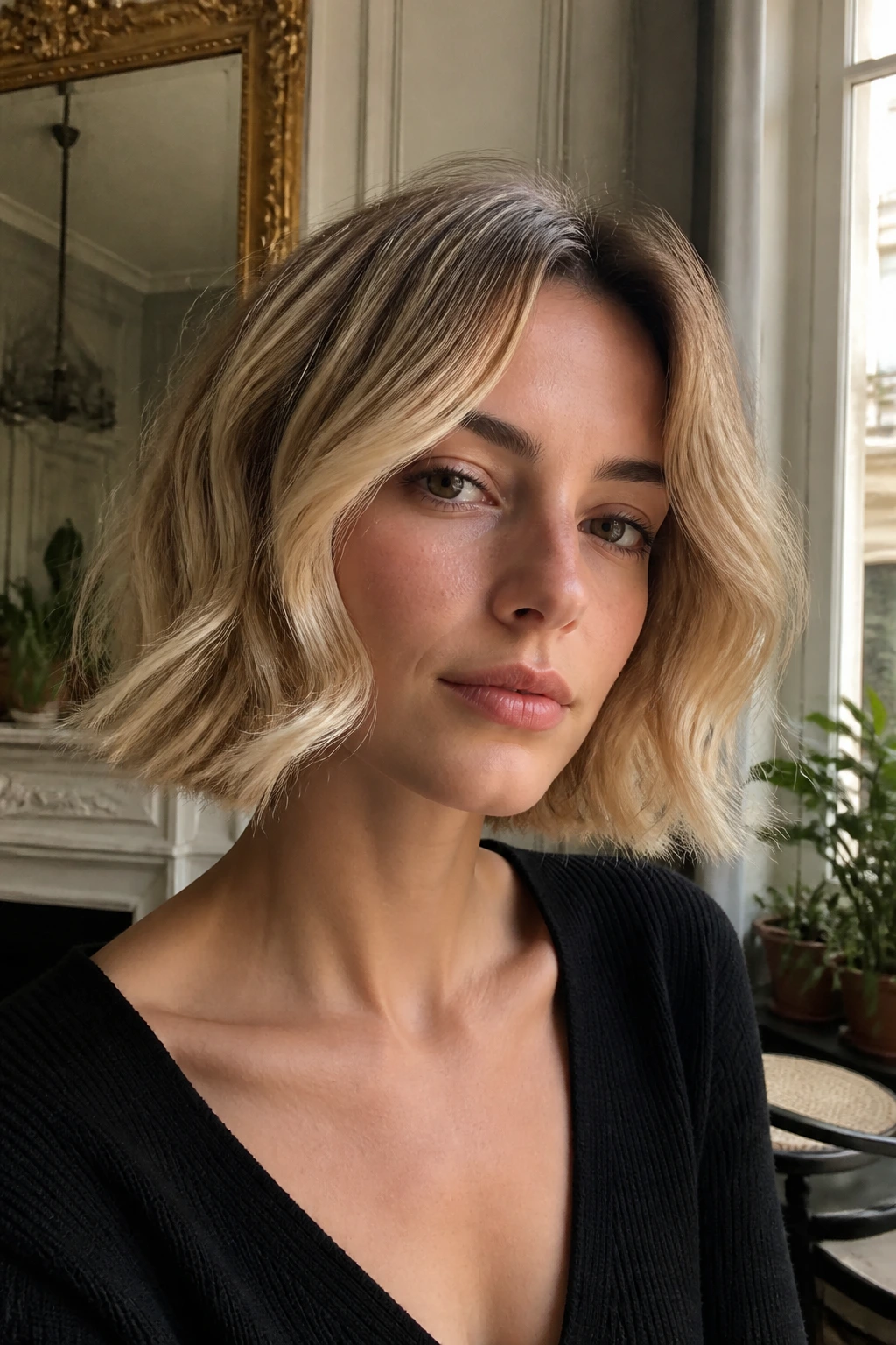 Close-up of a real woman with a French-inspired wavy bob in beige-blonde tones