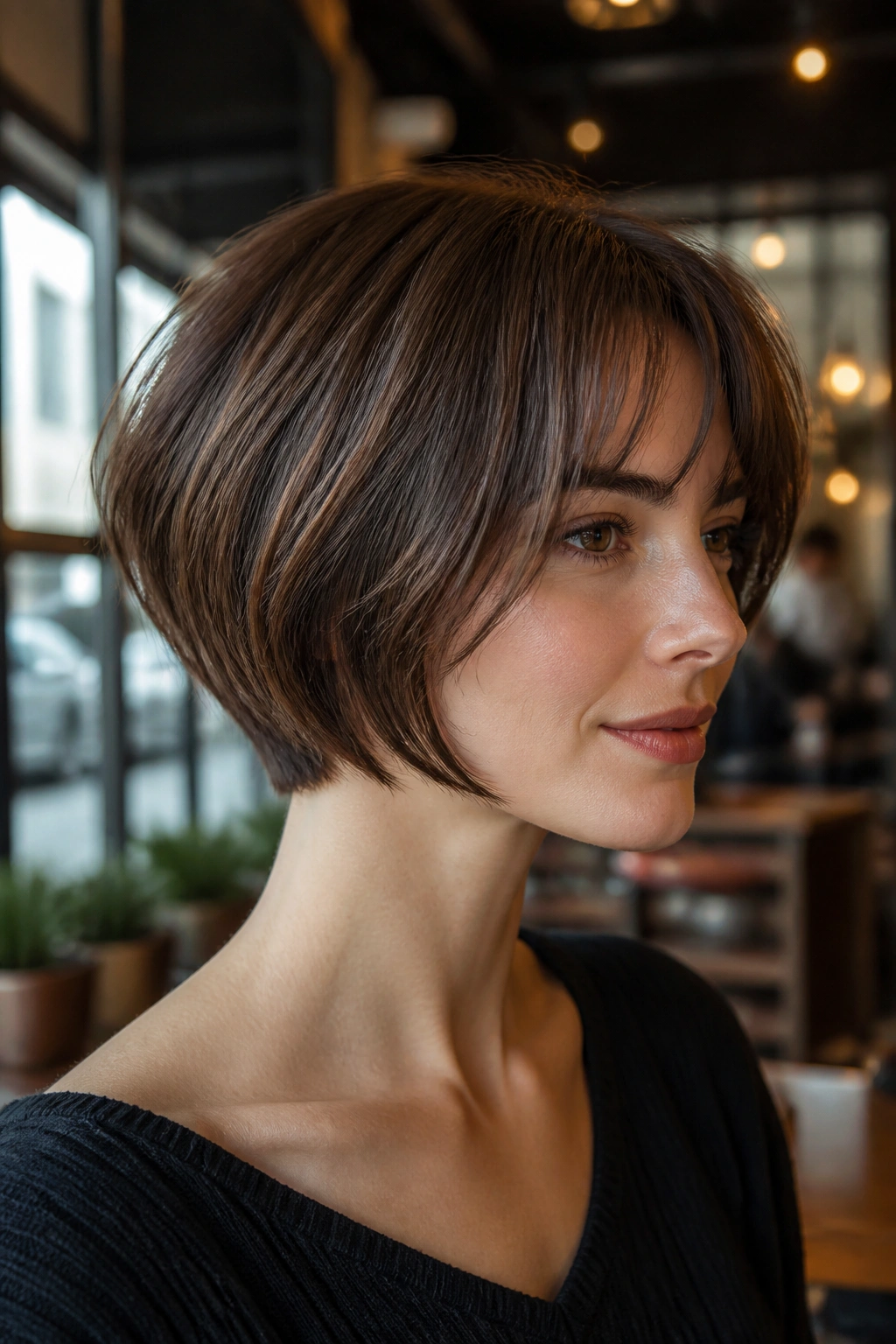 Close-up portrait of a real woman with a French-inspired short inverted bob