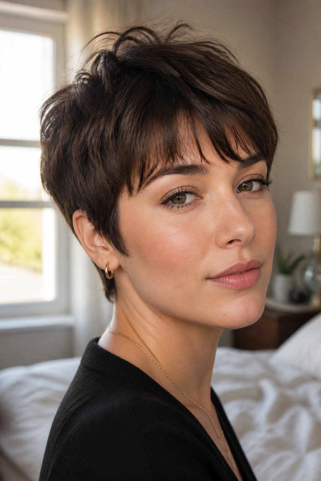 Real woman with French pixie and soft bangs, chin-length frame.