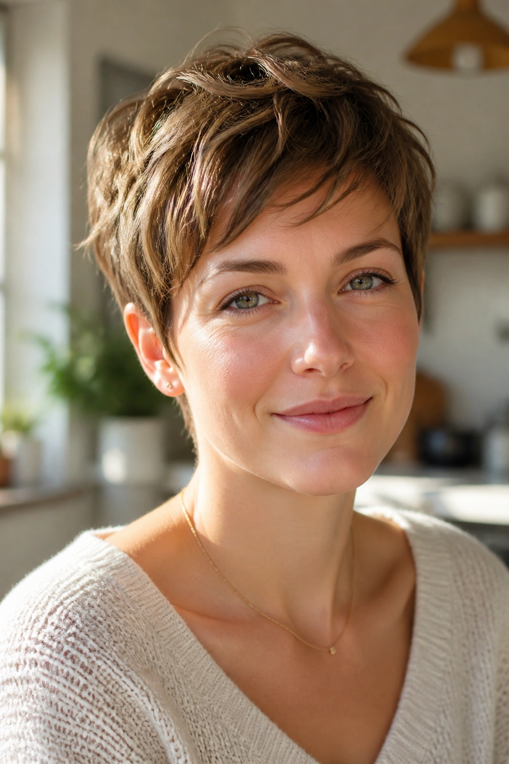 Close-up of a real person with a soft-textured French pixie in a sunlit room