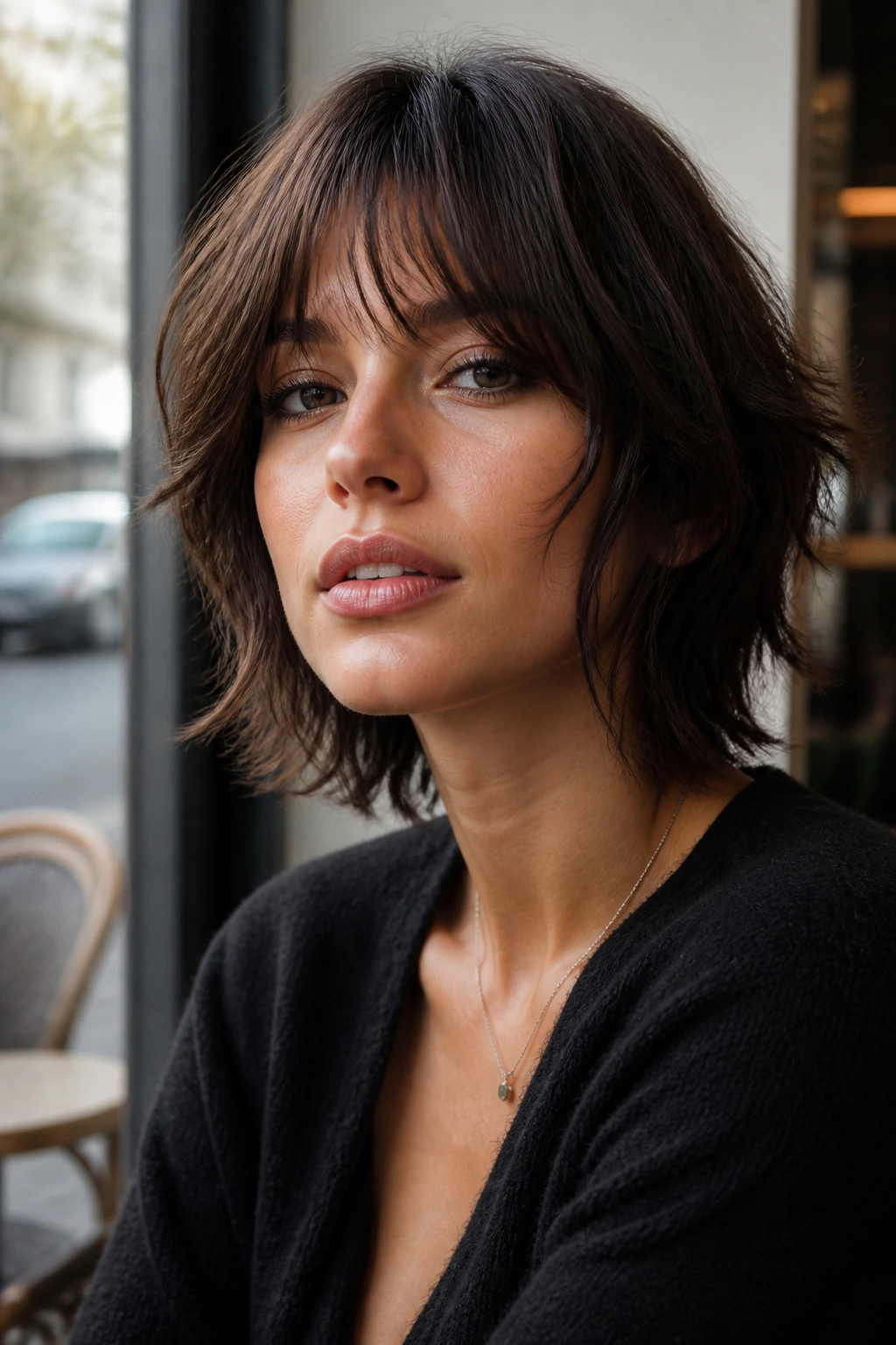 Close-up portrait of a real person with a French shag and cheekbone-framing layers