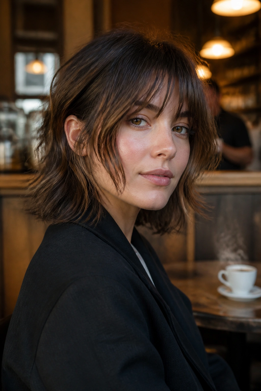 Portrait of a woman with airy fringe French shag in a cafe