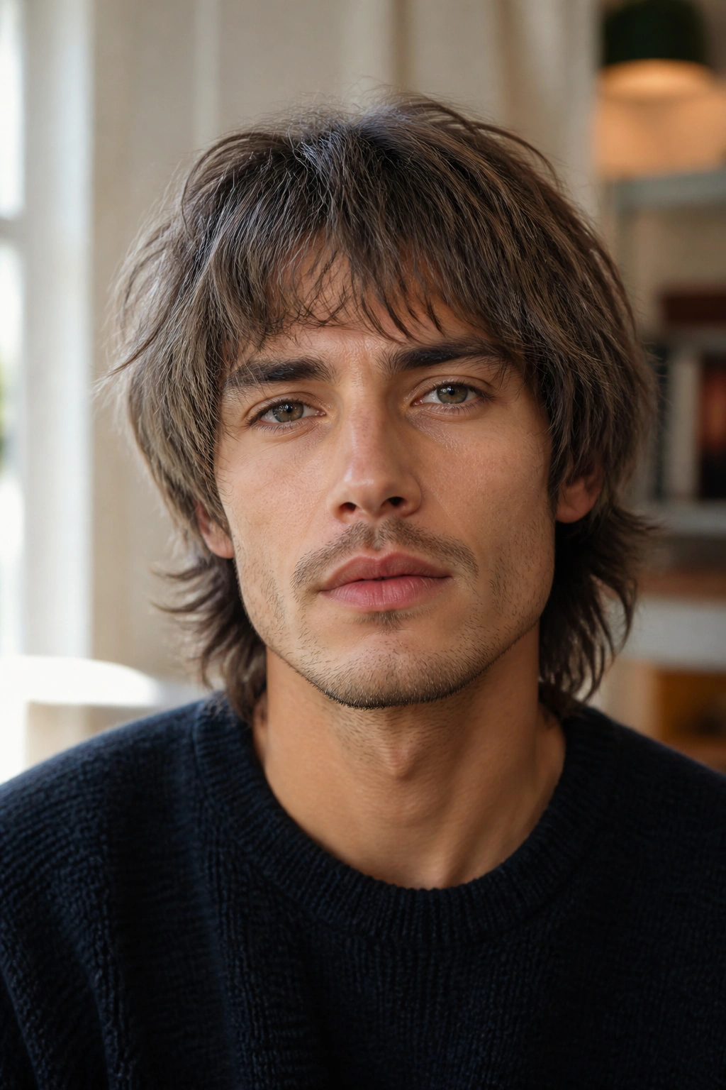 Close-up portrait of man with French shag featuring airy layers and light fringe