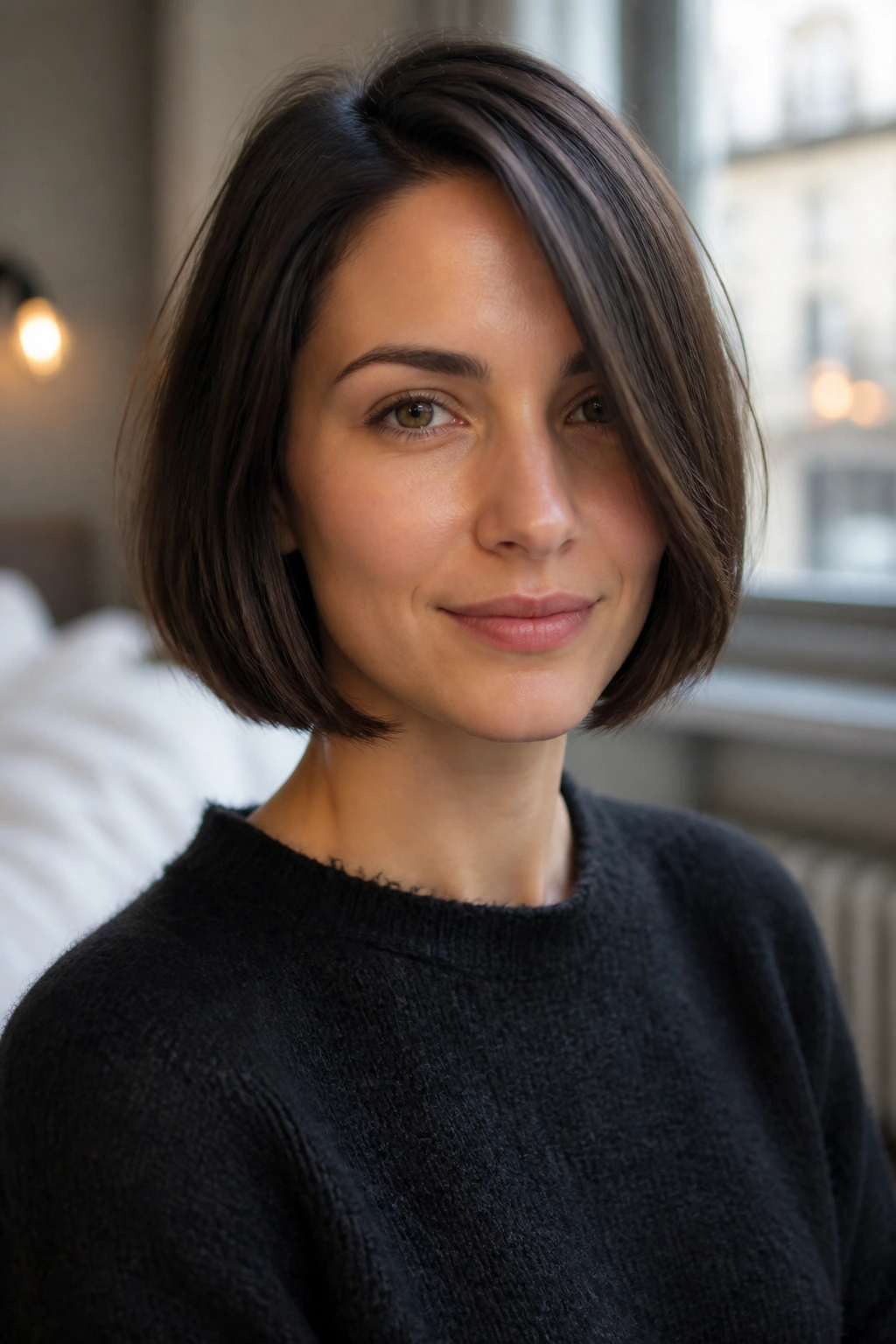 Close-up of a real woman with a French-inspired side-parted bob, clean line and subtle bend