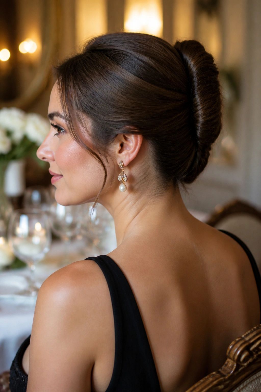 Real woman with a French twist hairstyle from three-quarter view