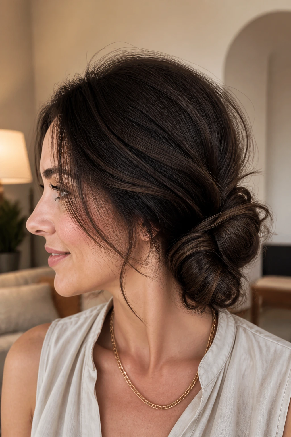 Real woman with a low, messy French twist and soft temple wisps