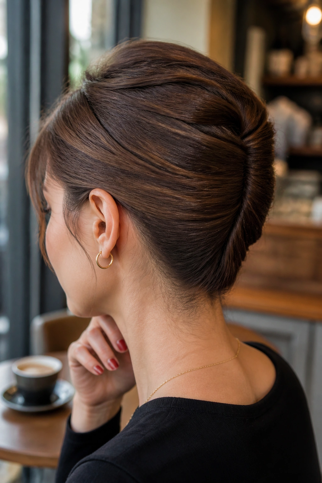 Close-up portrait of a real woman with a sleek French twist on short layers