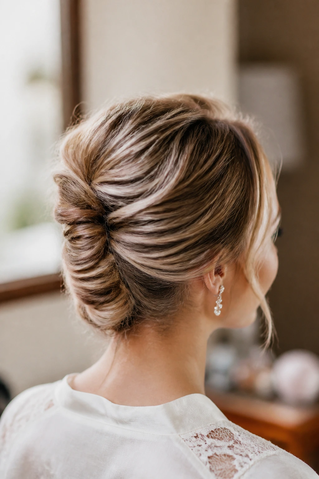Close-up of a real woman with a tousled French twist at the nape, soft window light
