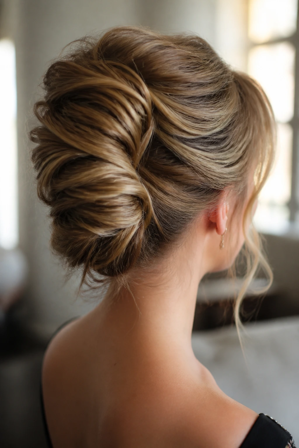 Close-up of a real woman with a softly textured French twist.