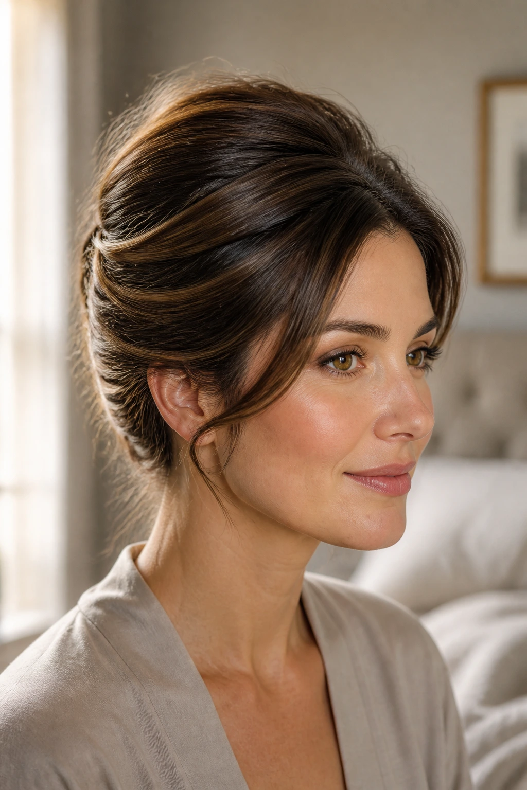 Close-up of a real woman wearing a French Twist with Soft Ends