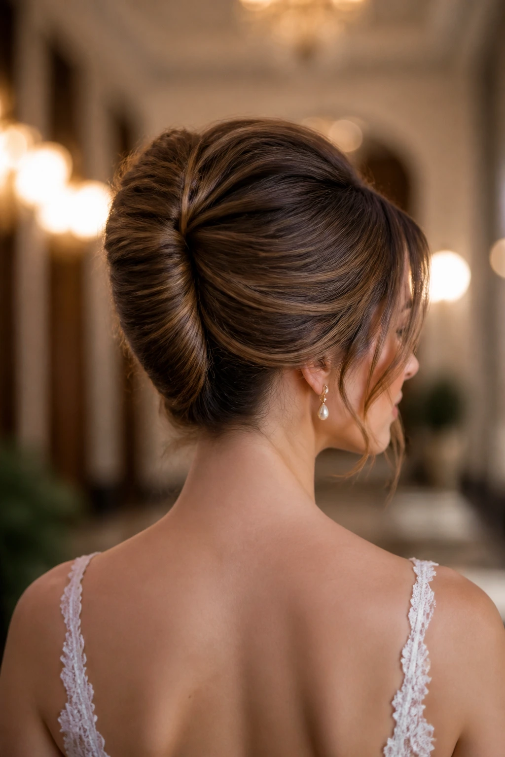Back view of a bride with a French twist and soft ends.