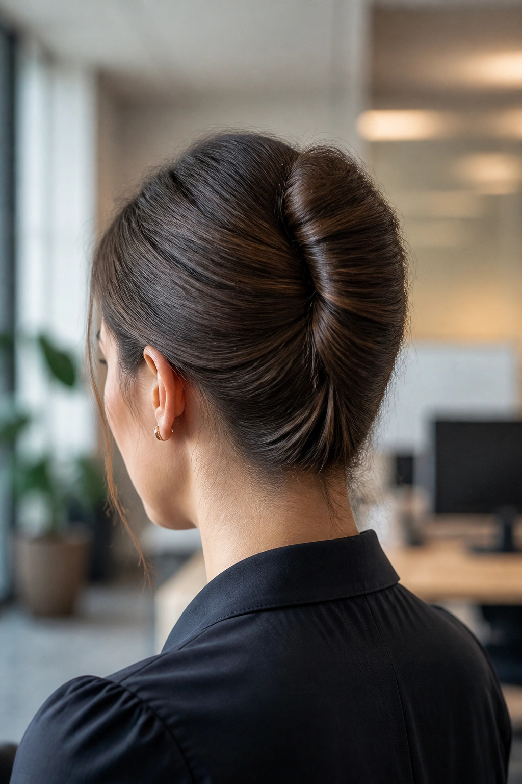 Three-quarter back view of a real woman with a French twist in an office setting